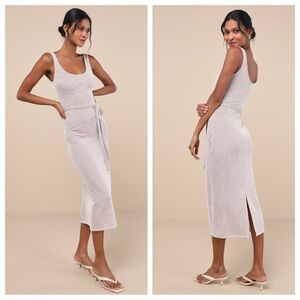 Lulus Summer Perfection Taupe and Ivory Striped Ribbed Midi
Dress